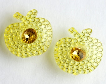 Two (2) Yellow Apple Buttons. Bright Yellow Buttons. Clear Acrylic Buttons. Plastic Buttons with Rhinestone Centers. 25mm x 23mm