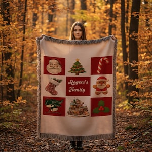パーソナライズされたクリスマスファミリー織りブランケット | カスタムネームホリデースロー