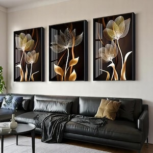 3 lienzos florales negros y dorados para pared: cuadros decorativos abstractos modernos para sala de estar, elegantes impresiones para decorar el hogar.