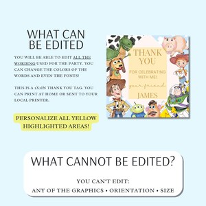 May include: A light blue invitation with the text "WHAT CAN BE EDITED" and "THANK YOU". The invitation features cartoon characters and the text "FOR CELEBRATING WITH ME!" and "your friend JAMES". The text "PERSONALIZE ALL YELLOW HIGHLIGHTED AREAS!" is also included.