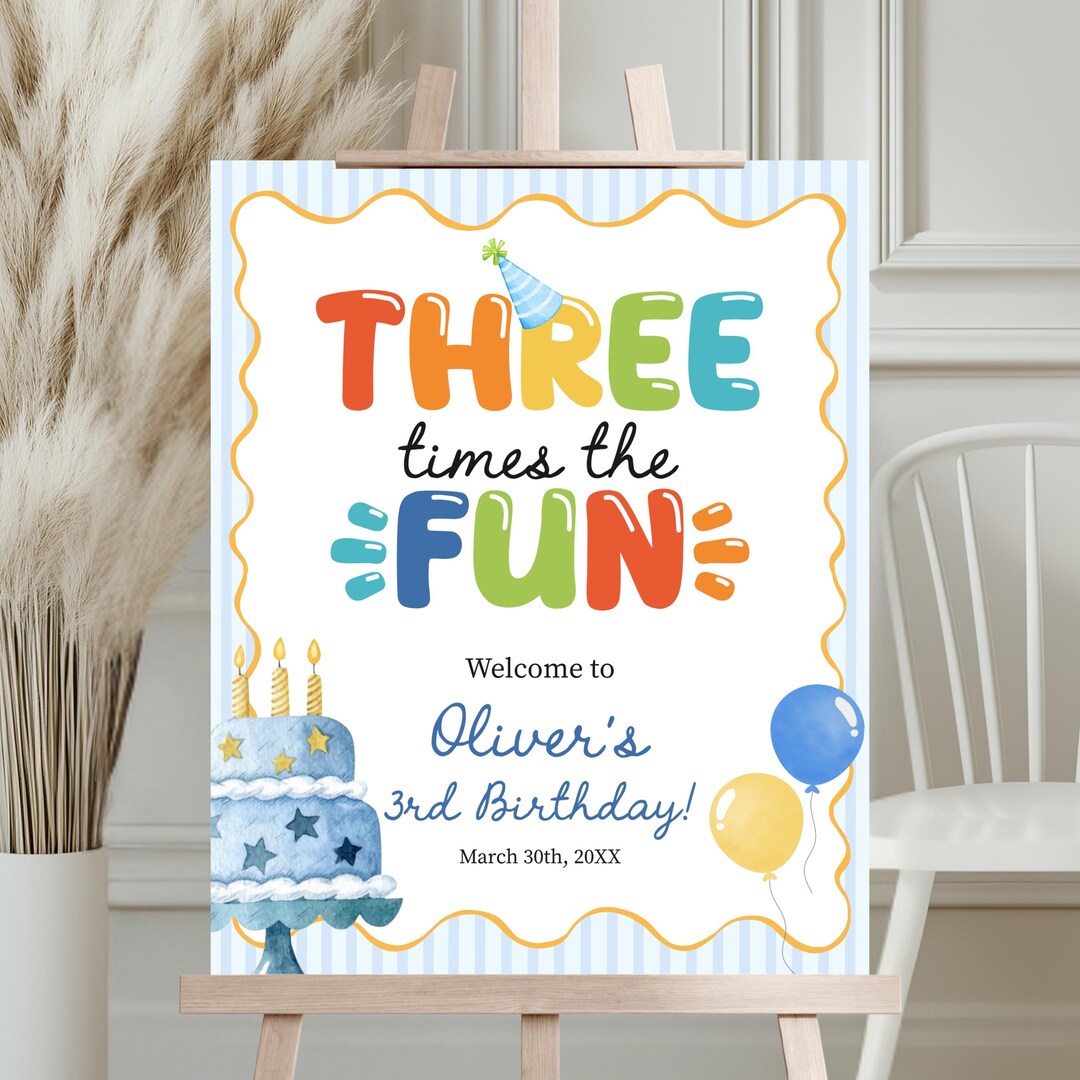 Three Times the Fun Welcome Sign, Colorful Editable Template for 3rd ...