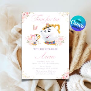 May include: A baby shower invitation featuring a cartoon teapot and teacup. The text reads "Time for tea" and includes event details like date, time, and location. The design incorporates pink flowers and a butterfly, with the name "Anne" prominently displayed.