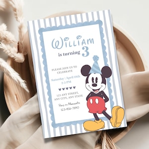 May include: A rectangular birthday invitation card featuring a light blue and white vertical striped background. The text reads William is turning 3, Please join us to celebrate, Saturday April 18th 2-5 PM, 123 Any Street, Any City, Any State, RSVP to Marguerite 123-456-7890. A cartoon mouse wearing a blue party hat is on the right.