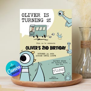 May include: A birthday invitation featuring a cartoon pigeon theme. The invitation reads "Oliver is turning 2!" and includes details for the party: date, time, and location. The design incorporates a bus and other pigeon illustrations.