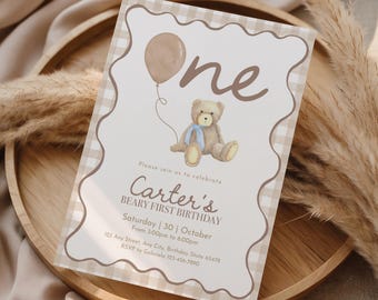 Beary First Birthday Evite, Editable Teddy Bear Digital Invitation Template for 1st Birthday Celebration