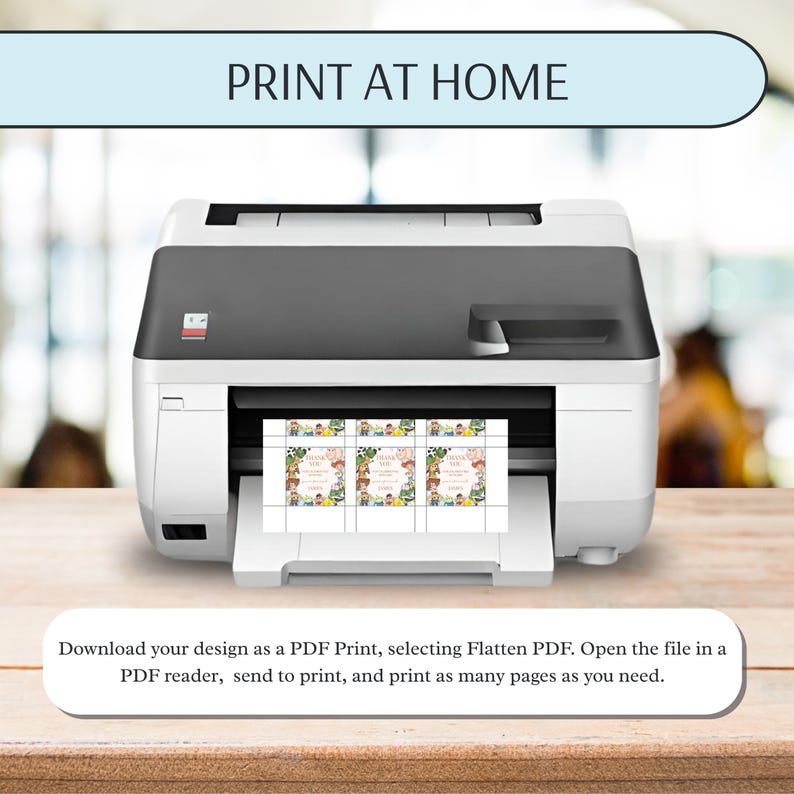 May include: A white and black printer with the text "PRINT AT HOME" above it. The printer is printing multiple small cards with colorful illustrations. The bottom of the image has text that says "Download your design as a PDF Print..."