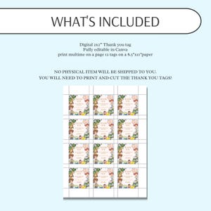 May include: A sheet of printable thank you tags, each 2x2 inches, featuring a colorful design with cartoon characters. The text "THANK YOU" is prominently displayed. The sheet includes 12 tags on an 8.5" x 11" paper.