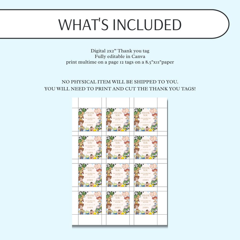 May include: A sheet of printable thank you tags, each 2x2 inches, featuring a colorful design with cartoon characters. The text "THANK YOU" is prominently displayed. The sheet includes 12 tags on an 8.5" x 11" paper.