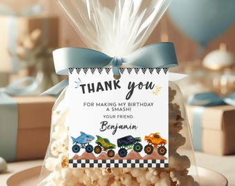 Monster Truck Birthday Thank You Tag, Editable Party Favor (Digital Download)