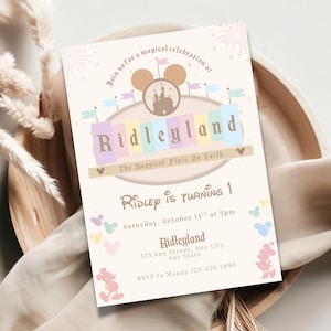 Zaproszenie na najszczęśliwsze urodziny na świecie – Magiczny motyw Disneylandu – Szablon do edycji – Pobieranie cyfrowe – Zabawa na imprezie