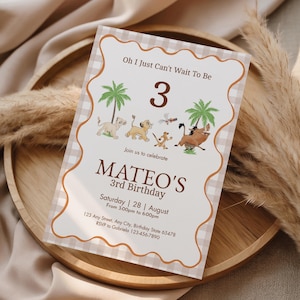 May include: A birthday invitation with a tan and white checkered border. The invitation features illustrations of characters from a popular animated film, palm trees, and the number 3. The text reads "Oh I Just Can't Wait To Be 3" and "Mateo's 3rd Birthday".