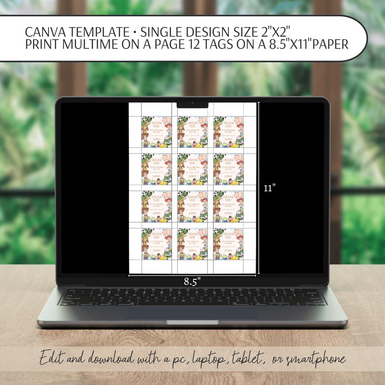 May include: A laptop displays a Canva template with 12 tags, each 2"x2", arranged on an 8.5"x11" paper. The tags feature a floral design and the text "THANK YOU". The screen also shows the text: "Edit and download with a pc, laptop, tablet, or smartphone."