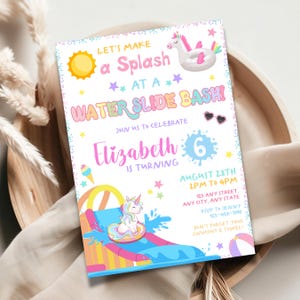 Zaproszenie na urodziny z motywem zjeżdżalni wodnej w kształcie jednorożca – edytowalne zaproszenie na imprezę Splash Party – zabawny motyw zjeżdżalni wodnej dla dzieci