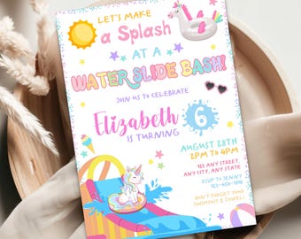 Unicorn Waterslide Birthday Invitation - Editable Splash Party Invite - Fun Water Slide Theme for Kids