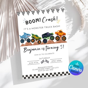Puede incluir: Una tarjeta de invitación blanca con temática de camiones monstruo. La tarjeta presenta el texto "BOOM! Crash! It's a Monster Truck Bash!" y "¡Benjamin cumple 5!" con detalles de la fiesta.