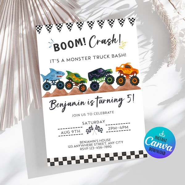 Monster Truck Birthday Invitation: Watercolor Trucks Party (Canva Template Digital Download 5x7" )