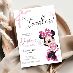 Invito per il secondo compleanno di Minnie Mouse: Festa a tema Oh TWOdles, modello modificabile (download digitale 5x7")