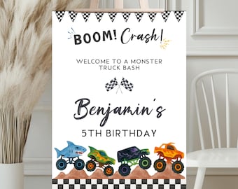 Monster Truck Birthday Welcome Sign: Watercolor Theme (Canva Template Digital Download