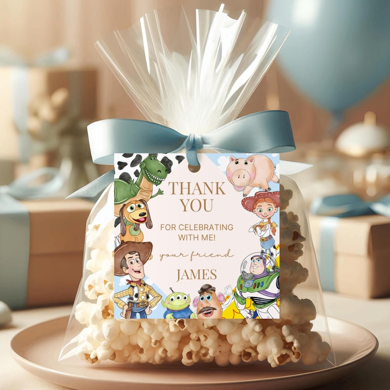 May include: A clear cellophane bag filled with popcorn, tied with a light blue ribbon. A tag with cartoon characters and the text "THANK YOU FOR CELEBRATING WITH ME!" is attached. The name "JAMES" is written below.