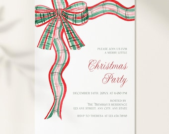 Puede incluir: Una invitación blanca para una fiesta de Navidad con una cinta de cuadros de acuarela en rojo, verde y rosa. El texto de la invitación dice "Christmas Party" e incluye detalles del evento e información de RSVP.