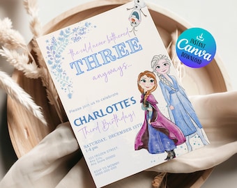 Frozen Birthday Invitation - Princess Elsa Anna Olaf - Digital Download - Editable 3rd Birthday Party Invitation - 3rd Birthday Invitation