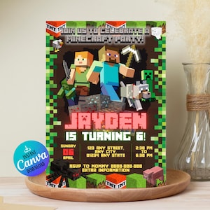 Editable Minecrafter Invitation - Minecrafter Birthday Invitations Template - Minecrafter Birthday Invitations For Canva - Gamer Invitation