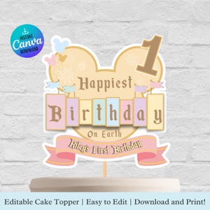 Printable Happiest Birthday On Earth Cake Topper - Disneyland Birthday Cake Topper - Digital File - Editable Name Birthday Cake Topper