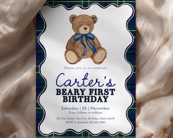 Beary First Birthday Evite, Editable Teddy Bear Digital Invitation Template for 1st Birthday Celebration