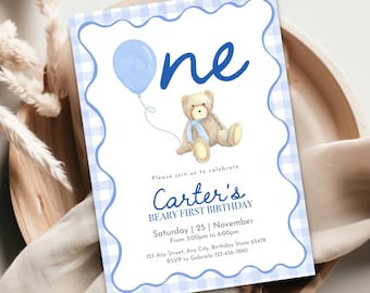 Beary First Birthday Evite, Editable Teddy Bear Digital Invitation Template for 1st Birthday Celebration