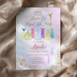May include: A princess-themed invitation with the text "Dress Up Royal Tea Party" and "Princess Amelia is turning three!" The invitation features watercolor illustrations of princess dresses, a teapot, and a teacup. The background is a soft blend of pink and purple.