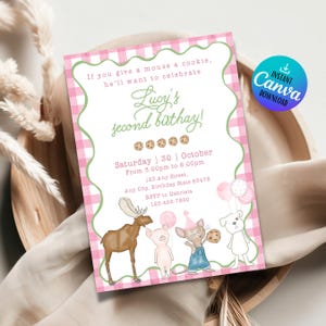 May include: A pink and white gingham patterned birthday invitation with the text "Lucy's second birthday!" and illustrations of animals. The invitation includes event details and a Canva download icon.