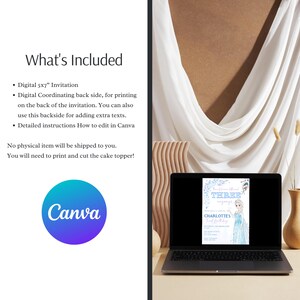 May include: A laptop displays a birthday invitation with the text "THREE" and "CHARLOTTES Third Birthday". The image includes a Canva logo and text detailing the digital invitation's features. A vase and draped fabric are in the background.