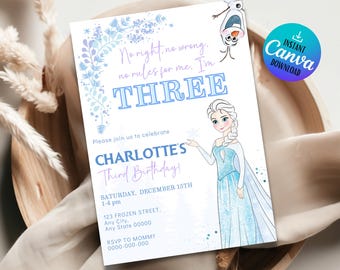 May include: A light blue and white birthday invitation featuring the text "THREE" and "CHARLOTTE'S Third Birthday!". The invitation includes an illustration of Elsa from Frozen and Olaf. The invitation is for a party on December 15th.