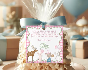 Mouse Cookie Pink Thank You Tag · Book Theme Party Favor · Editable Printable Label