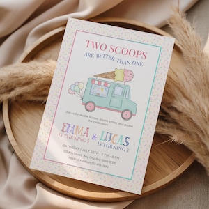 May include: A pastel-colored invitation with the text "TWO SCOOPS ARE BETTER THAN ONE." It features an illustration of an ice cream truck with ice cream cones and balloons. The invitation is for Emma and Lucas's birthday party.