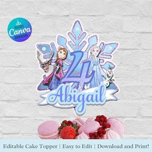 May include: Frozen themed cake topper with a snowflake design, featuring the characters Elsa and Anna, the number 4, and the name Abigail. The topper is printed on white cardstock with a glitter finish.