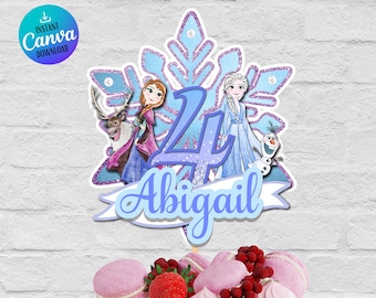 Adorno imprimible para tarta de cumpleaños de Frozen: Decoración para fiesta de Elsa (Plantilla Canva de descarga digital)