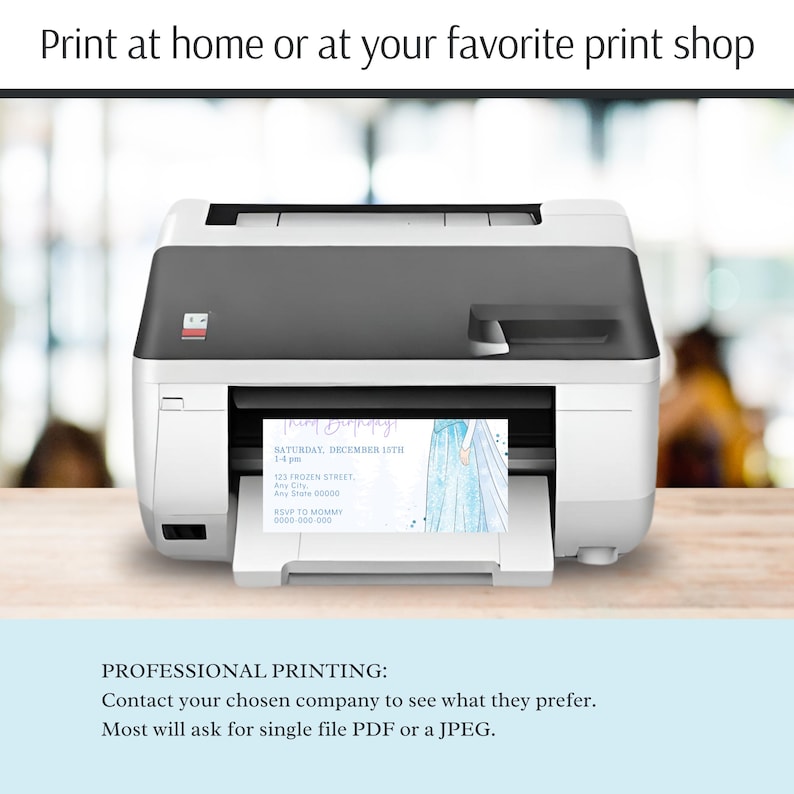 May include: A white and black printer with a printed invitation card. The invitation card has a blue and white watercolor design and the text "Print at home or at your favorite print shop".