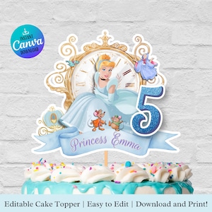 Cake Topper Blue Princess - Cinderella Cake Topper - Editable Template Cake Decor - Birthday Princess Party -  Canva Template