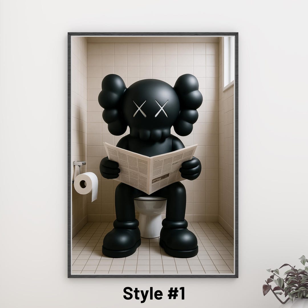 Kaws on the Toilet Reading a Newspaper Poster, Black Kaws Figure