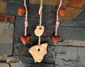 Hagstone Driftwood Protection Hanging Mobile Acorn and Heart Bells Witch Adder Odin Stone