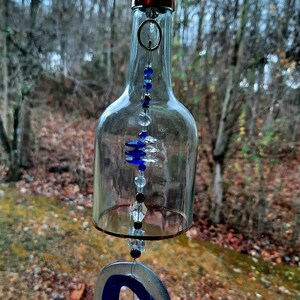 Recycled Wine Bottle Wind Chime Suncatcher Cobalt Blue & Crystal beads.