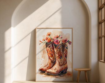 Utskrivbar väggkonst med cowgirlstövlar | Västerländsk heminredning | Digital konst med rustik lantlig stil | Blommiga cowboystövlar direkt nedladdning | Utskrivbar bohemisk stil