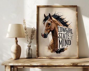 Arte de pared imprimible de vaquera, descarga digital de caballo del oeste, decoración rústica bohemia, estética de chica de campo, arte de pared de granja para dormitorio o hogar.