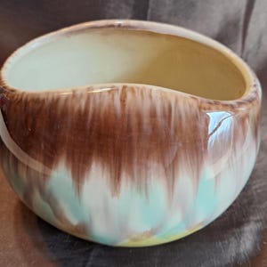 Mid Century Modern Drip Glaze Planter, Brown Yellow Aqua Small Ceramic Succulent Pot 1272