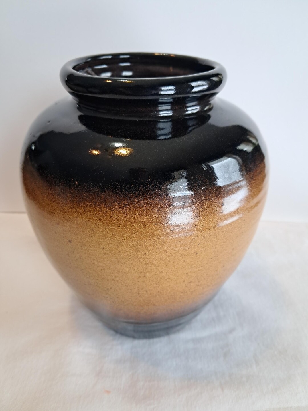 Vintage Studio Pottery Vase Black Tan Drip Glaze Stoneware Ombre Mid ...