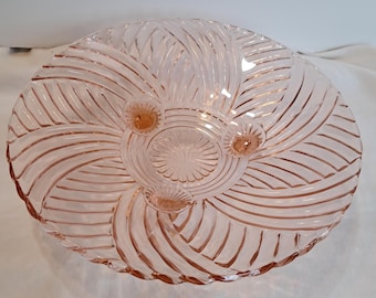 Miska centralna w stylu art déco z wirowym wzorem, różowe szkło depresyjne, 10 cali, na trzech nogach