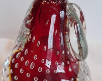 Murano Bullicante Red Glass Pear Paperweight, Mid Century Art Deco Controlled Bubble Decor