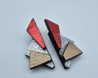 Geometric Leather Statement Earrings: Handmade Mixed Media Design