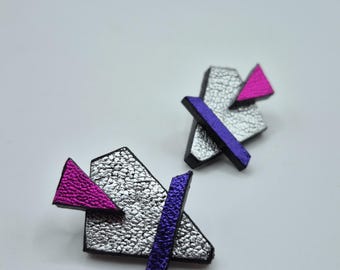 Geometric Leather Statement Earrings: Handmade Mixed Media Design
